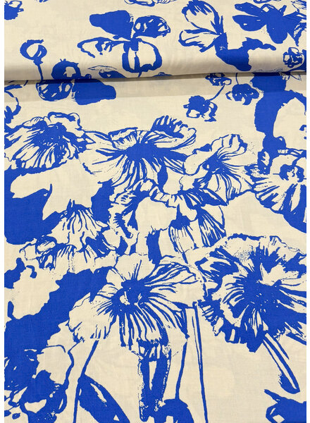 M. cobalt blue flowers on a sand-colored background - woven viscose