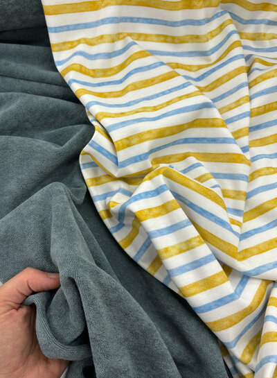 Madeline Interlock organic cotton - striped blue and ocher -