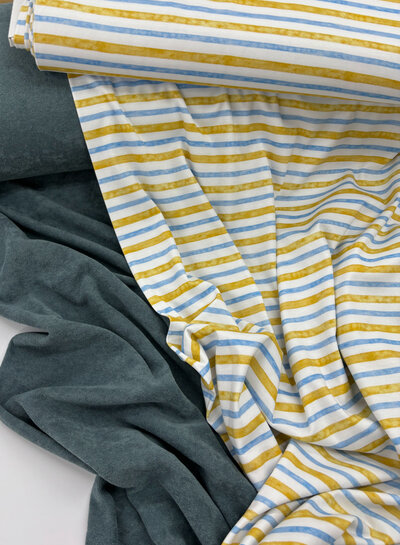 Madeline Interlock organic cotton - striped blue and ocher -