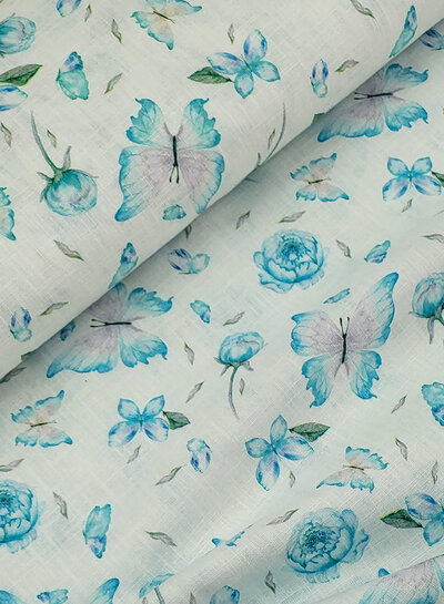 M. turquoise flowers and butterflies - linen blend