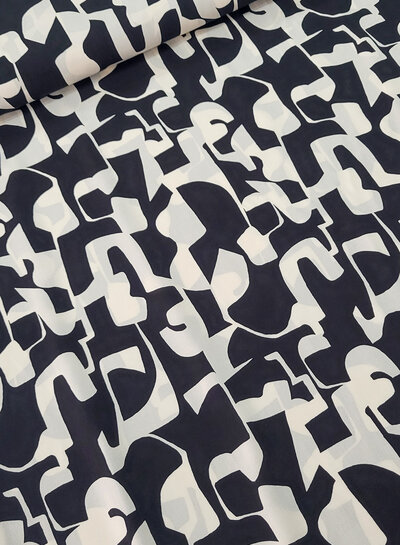 black abstract print viscose twill