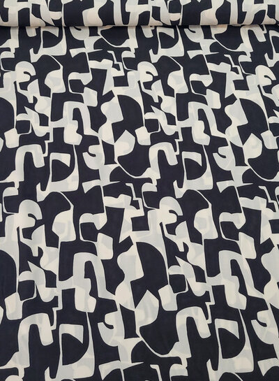 black abstract print viscose twill