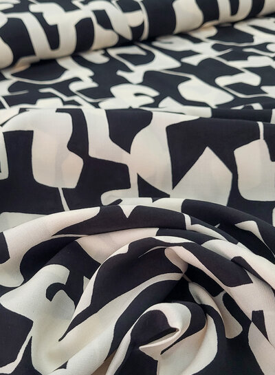 black abstract print viscose twill