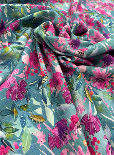 petrol pink flowers - viscose