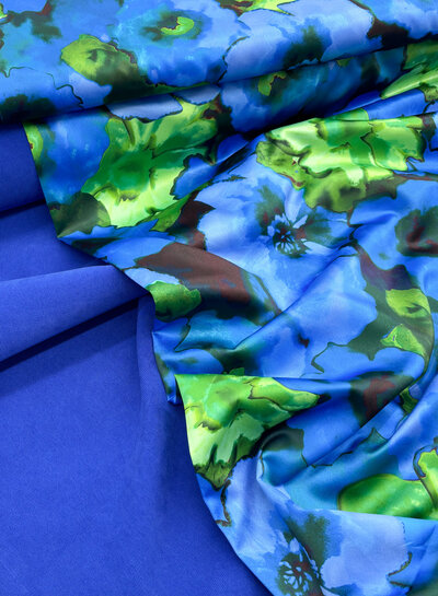 A la Ville cobalt blue and bright green flowers - satin