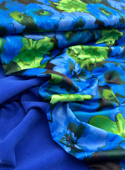 A la Ville cobalt blue and bright green flowers - satin