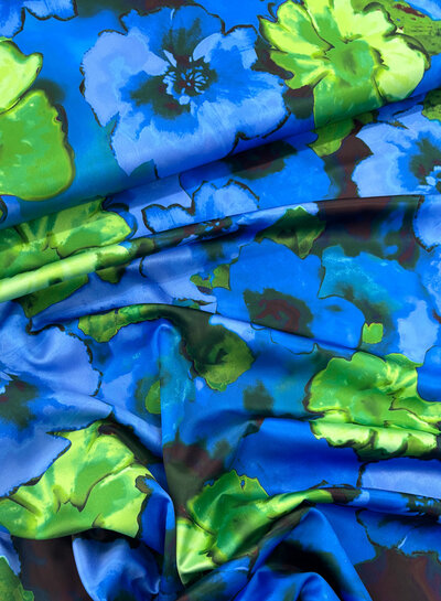 A la Ville cobalt blue and bright green flowers - satin