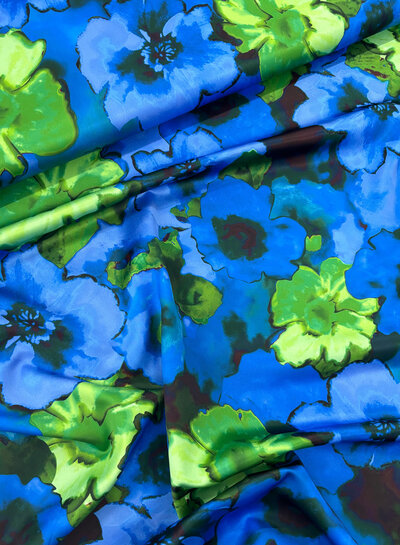 A la Ville cobalt blue and bright green flowers - satin