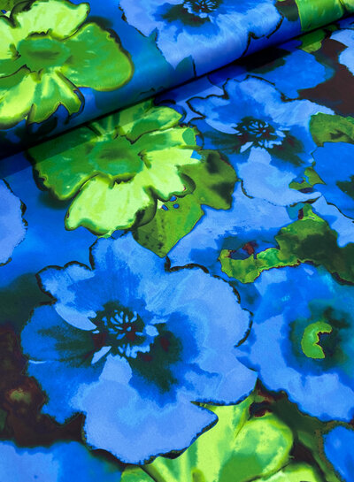 A la Ville cobalt blue and bright green flowers - satin