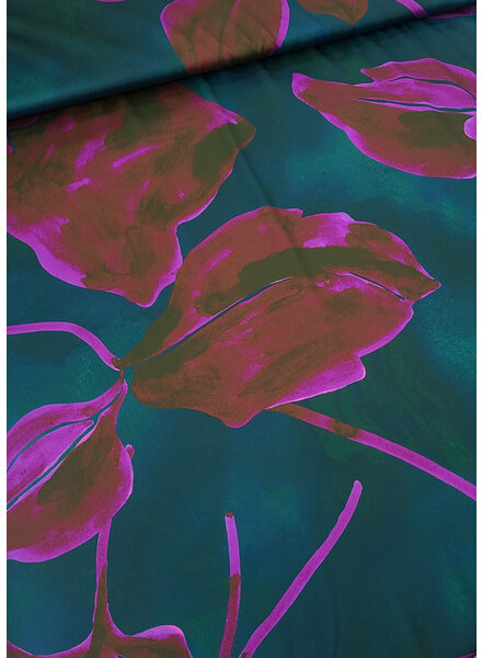 A la Ville petrol green and fuchsia orchid print - satin