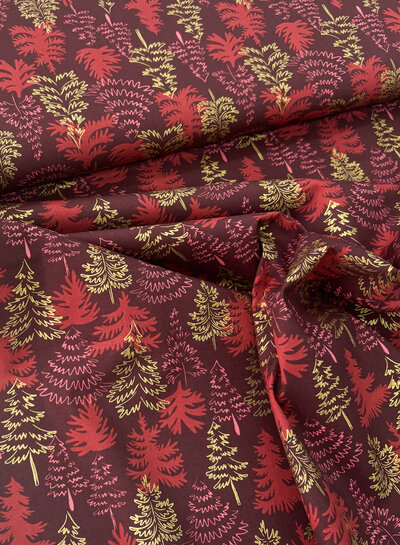 Madeline golden christmas trees - burgundy cotton