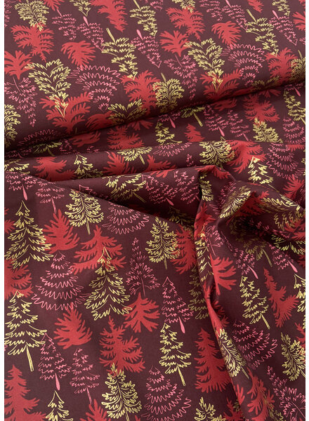 Madeline golden christmas trees - burgundy cotton