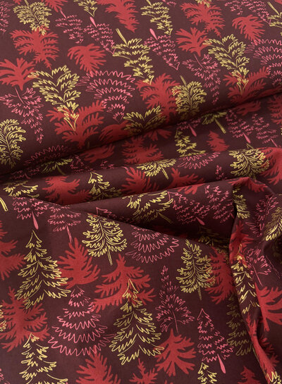 Madeline golden christmas trees - burgundy cotton