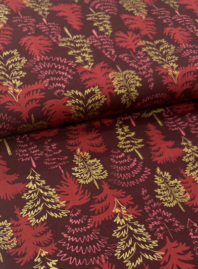 Madeline golden christmas trees - burgundy cotton