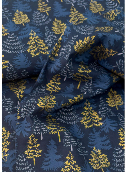 Madeline gouden kerstbomen - marineblauw katoentje