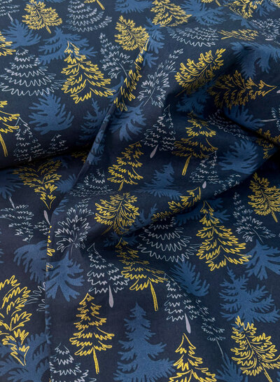 Madeline golden christmas trees - navy blue cotton