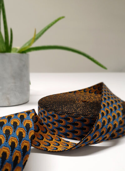 kobalt en cognac  retro pauw - tassenband 38 mm