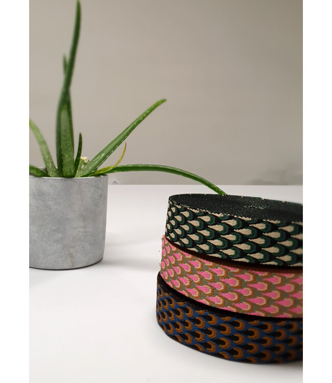 petrol en zwart  retro pauw - tassenband 38 mm