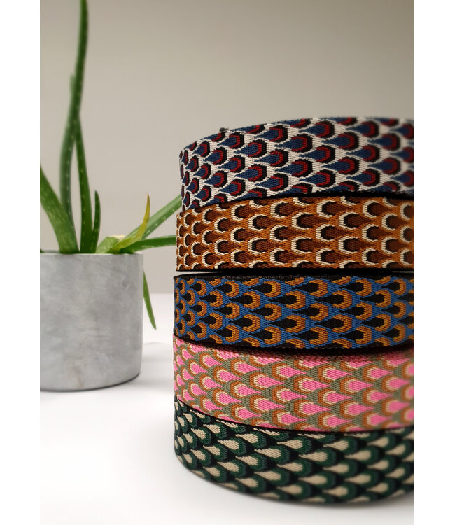 petrol en zwart  retro pauw - tassenband 38 mm