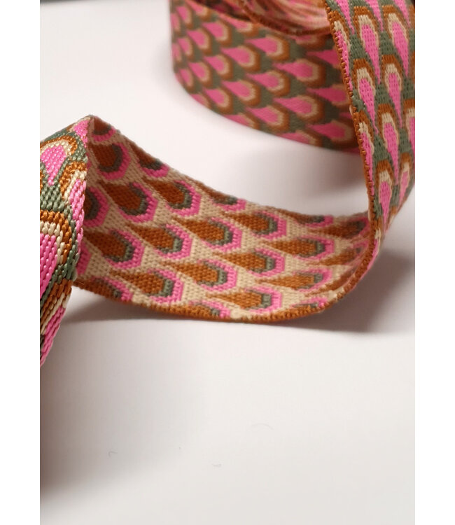 roze & blauw retro pauw - tassenband 38 mm