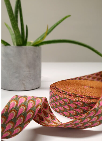 roze & blauw retro pauw - tassenband 38 mm