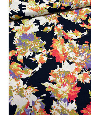 navy peach flowers - satin viscose