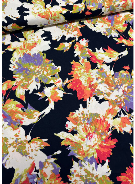navy peach flowers - satin viscose