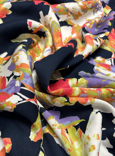 navy peach flowers - satin viscose