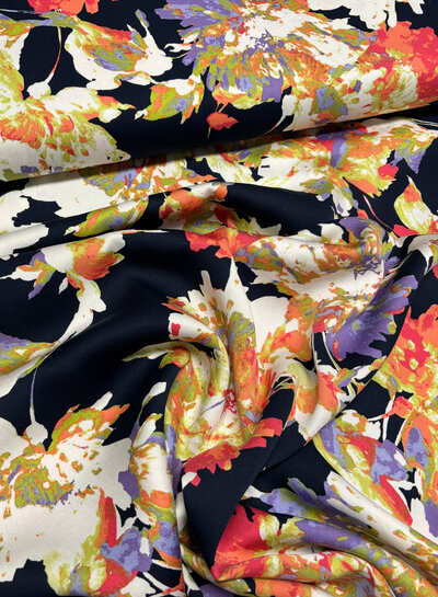 navy peach flowers - satin viscose