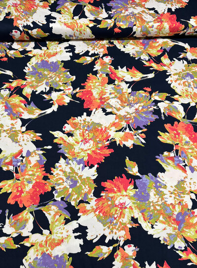 navy peach flowers - satin viscose