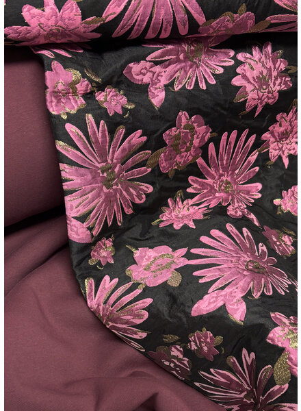 Madeline Black lila flowers and gold - geweven jacquard