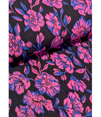 fuchsia roze bloemen op zwarte achtergrond -  geweven jacquard