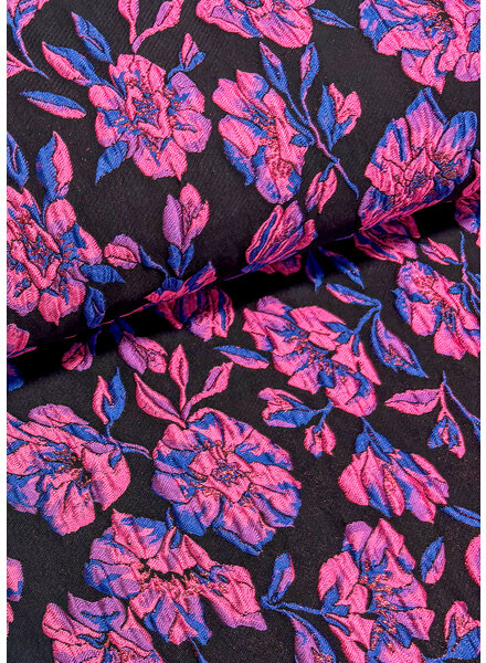 M. fuchsia pink flowers on black background - woven jacquard