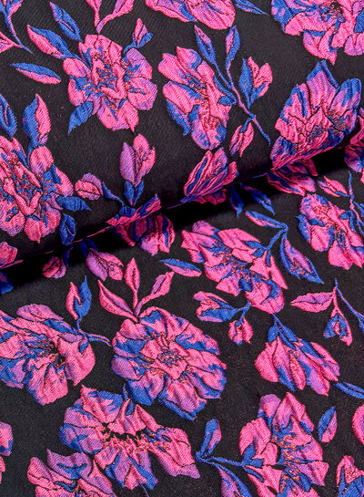 M. fuchsia roze bloemen op zwarte achtergrond -  geweven jacquard