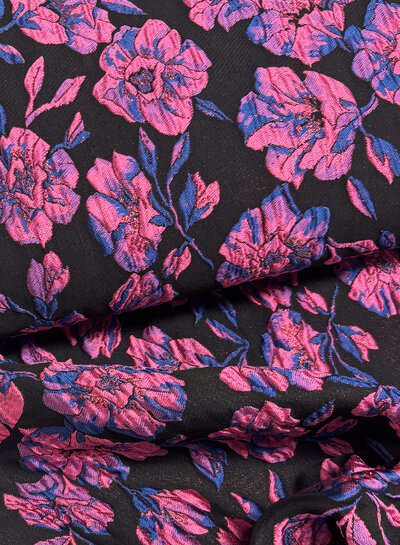 M. fuchsia roze bloemen op zwarte achtergrond -  geweven jacquard