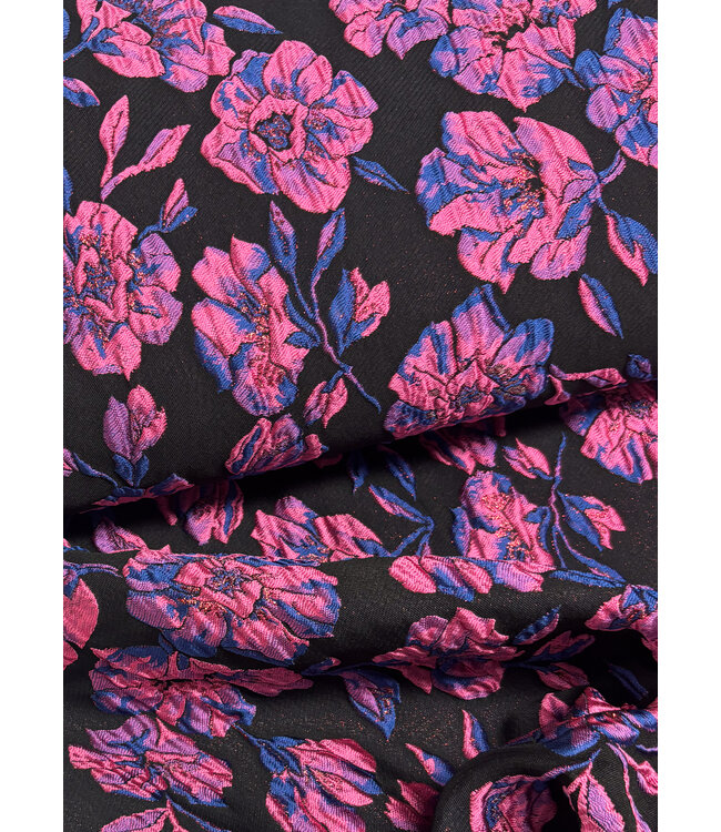fuchsia roze bloemen op zwarte achtergrond -  geweven jacquard