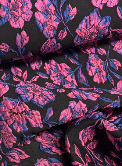 M. fuchsia pink flowers on black background - woven jacquard