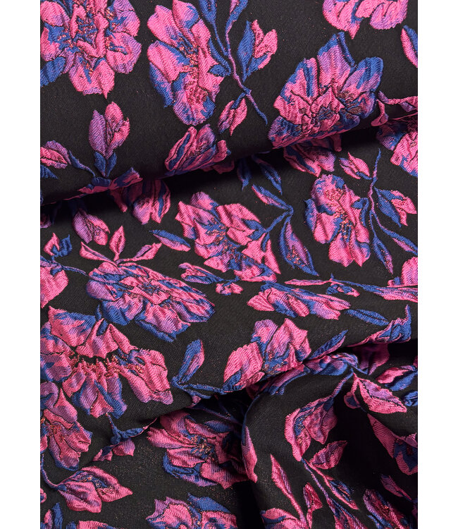 fuchsia roze bloemen op zwarte achtergrond -  geweven jacquard