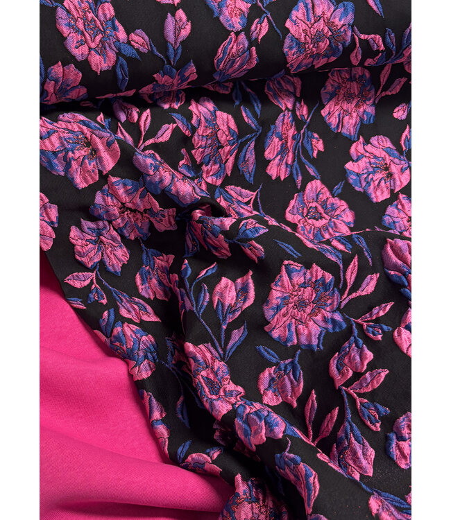 fuchsia roze bloemen op zwarte achtergrond -  geweven jacquard