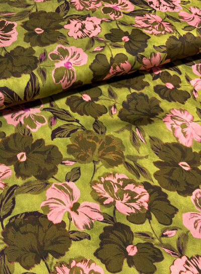 A la Ville beautiful green and pink flowers - satin