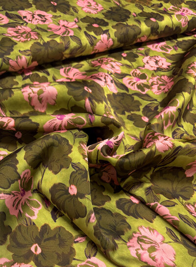 A la Ville prachtig groen en roze bloemen - satijn