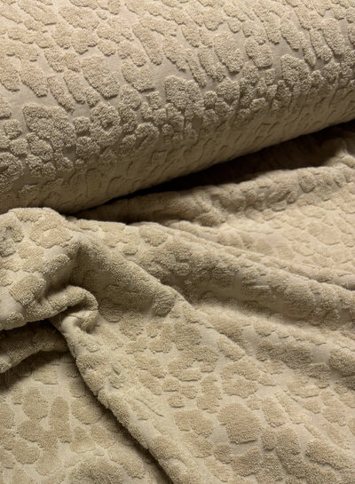 Madeline sand colored leopard sponge / stretch terry cloth