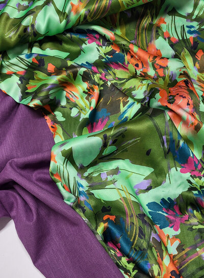 Marylene Madou green flower field - beautiful satin viscose