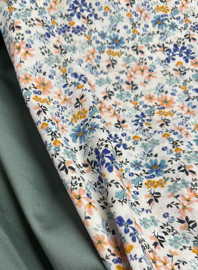 Madeline blue and soft pink flowers - cotton voile