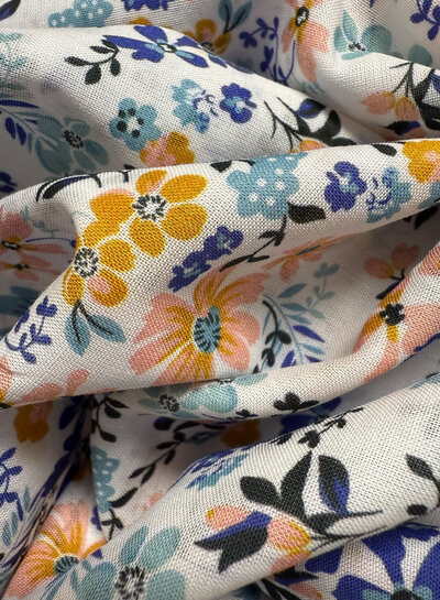 Madeline blue and soft pink flowers - cotton voile