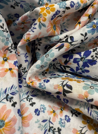 Madeline blue and soft pink flowers - cotton voile