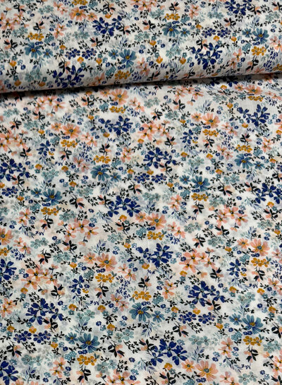 Madeline blue and soft pink flowers - cotton voile