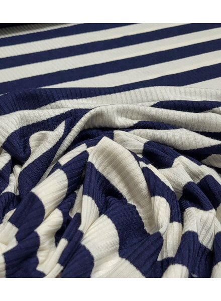viscose tricot met platte ribbel - marine blauw gestreept