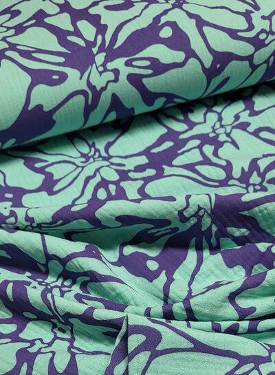 Madeline abstracte bloemen kobalt mint- tetra double gauze
