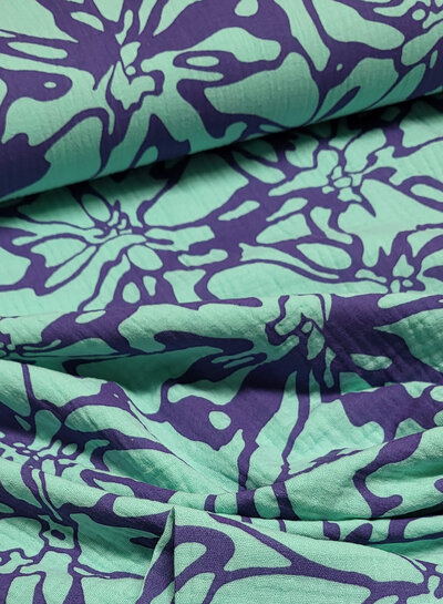 Madeline abstract flowers cobalt mint-tetra double gauze